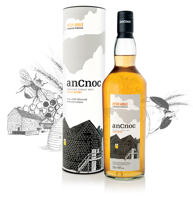 anCnoc single malt Scotch whisky Peter Arkle Warehouses and illustration